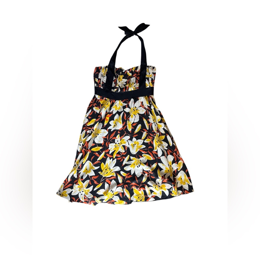 Moulinette Soeurs* Black & Yellow Small Silk Floral Print Halter Neck A-Line 8 - Picture 5 of 8